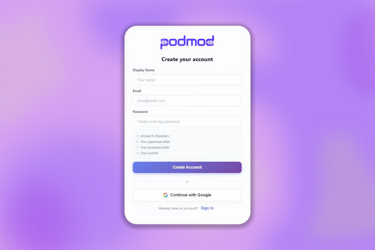 Podmod sign up page