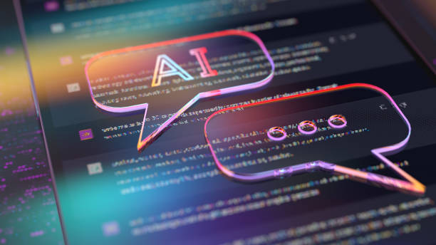 AI speech bubble over colorful computer code, artificial intelligence concept
