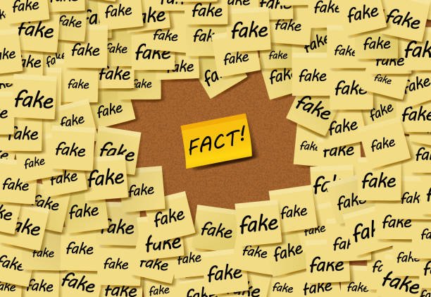 Sticky notes labeled "fake" surrounding a central note reading "FACT"